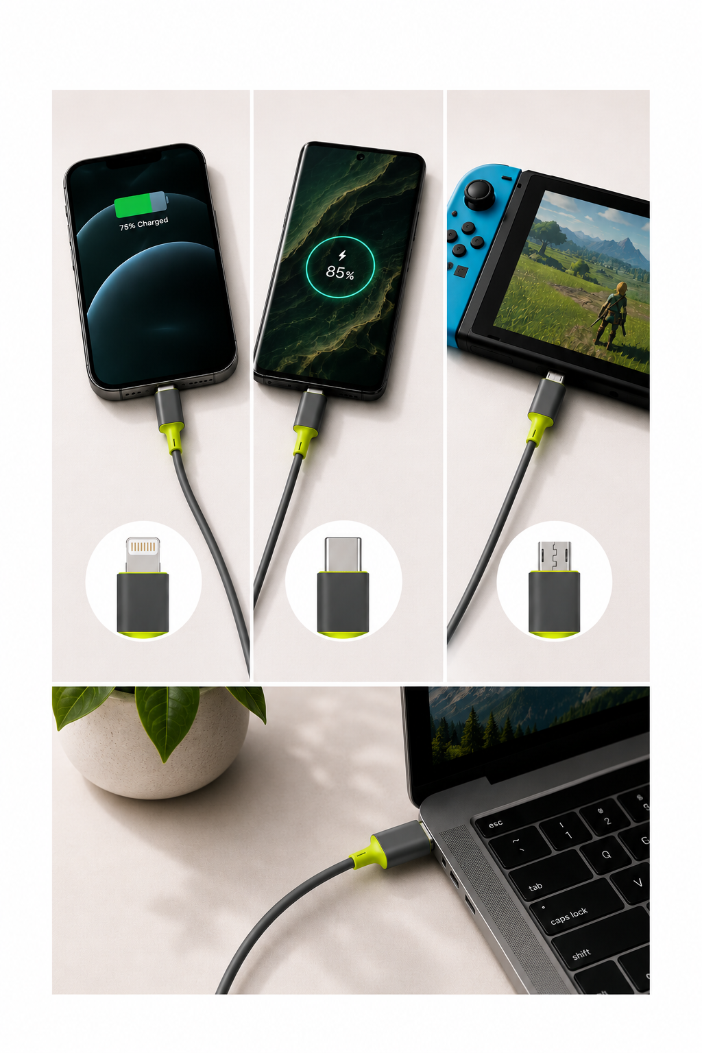 1m - 3 in 1 Rapid Cable for Type C, Micro & Lightning (Charge 3 devices simultaneously)